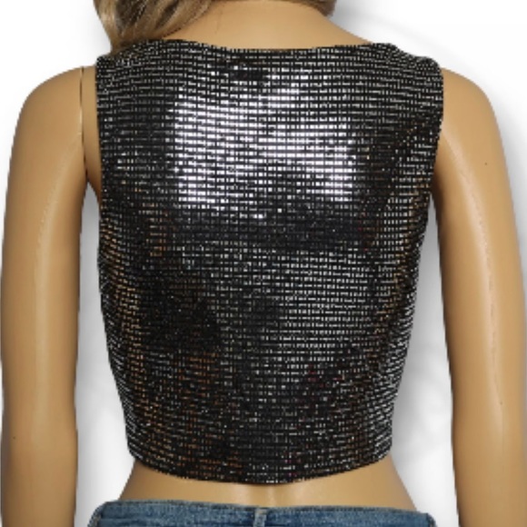 Sincerely Jules Sparkly Black Cow Neckline Sequin Sleeveless Crop Top, Small - Picture 6 of 13